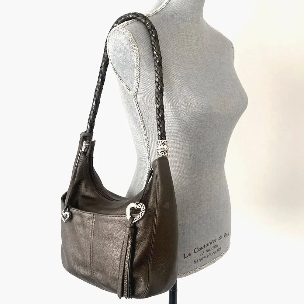 BRIGHTON Metallic Taupe leather shoulder bag braided handle heat charms Medium